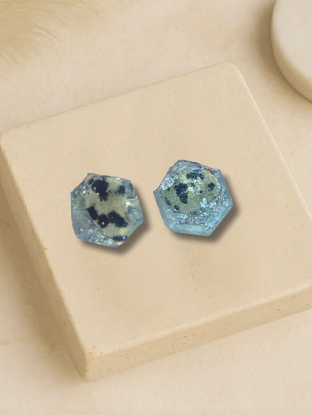 Handmade Dalmatian Jasper Geo Stud Earrings in Clear Resin - Women Jewelry